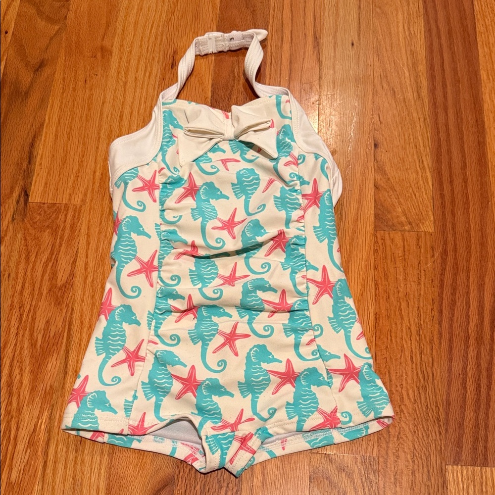 Janie and Jack Cream and Pink Seahorse Swimsuit